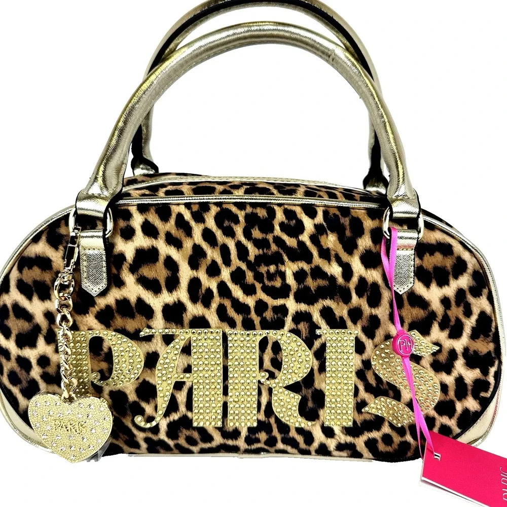 Paris Hilton Leopard Bowler Bag Rhinestone Logo Gold Heart Charm‎ Y2K